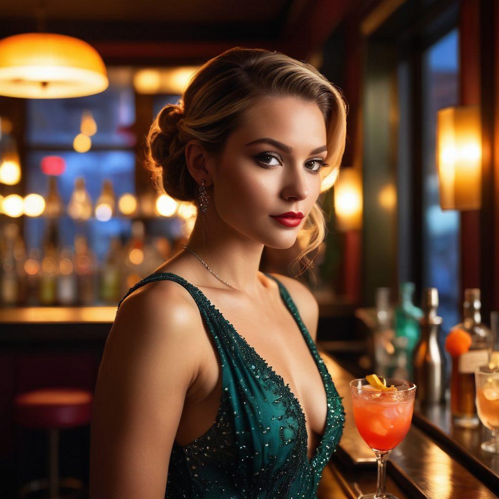 A glamorously dressed woman standing confidently in a dimly lit bar, her makeup sparkling under the lights, showcasing a mix of bold and subtle hues. Surround her with elegantly styled cocktails and a sophisticated crowd, reflecting a vibrant nightlife atmosphere. Incorporate elements like soft shadows, glimmering city lights through the window, and a hint of wildflowers as a personal touch. moody lighting. super-realistic. vibrant colors.